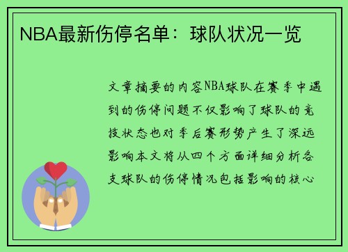 NBA最新伤停名单：球队状况一览